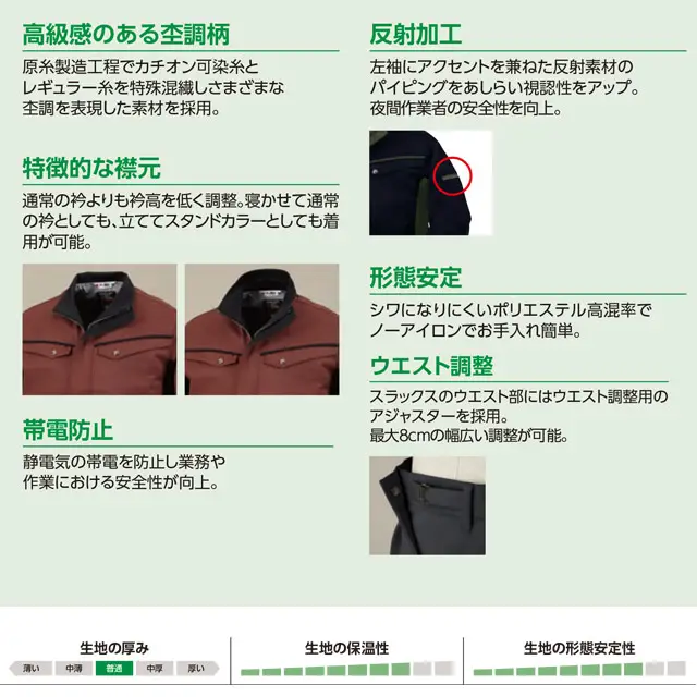 作業服　AL84-MRJシリーズ　特徴　・高級感のある杢調柄　・特徴的な襟元　・帯電防止　・反射加工　・形態安定　・ウエスト調整