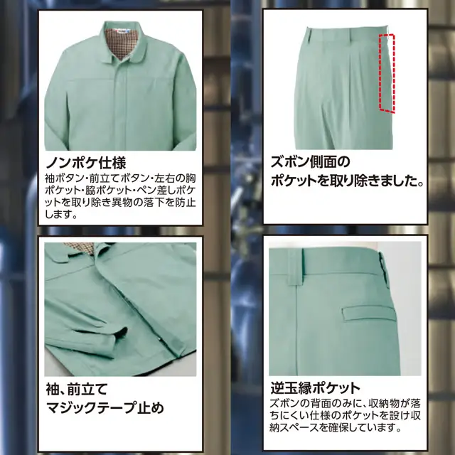 商品説明　・ノンポケット仕様　・ポケットレス　・マジックテープ止め　・逆玉縁ポケット